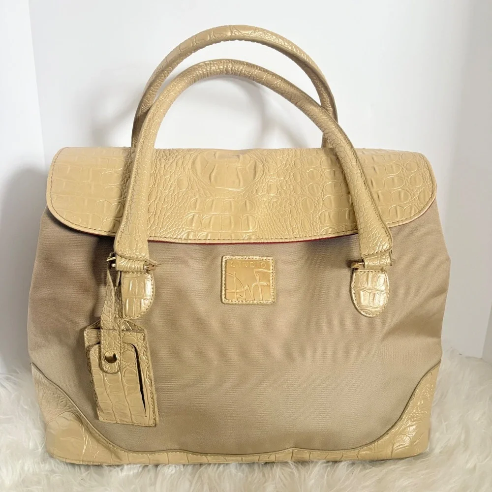 Diane‎ von Furstenberg Gold Nylon Croc Embossed Faux Leather Weekender Tote Bag